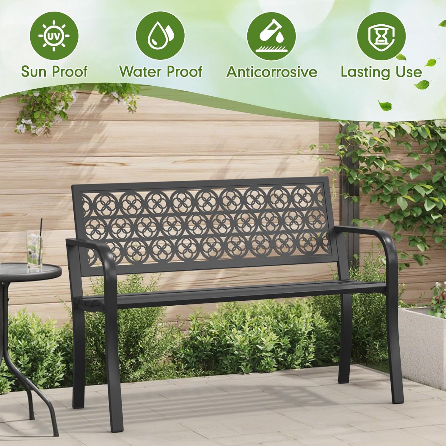 44" Outdoor Garden Bench, Iron Metal Frame Patio Bench with Backrest and Armrests, Weatherproof Anti-Rust Outdoor Bench for Front Porch, Park, Yard, Patio (411-Black)