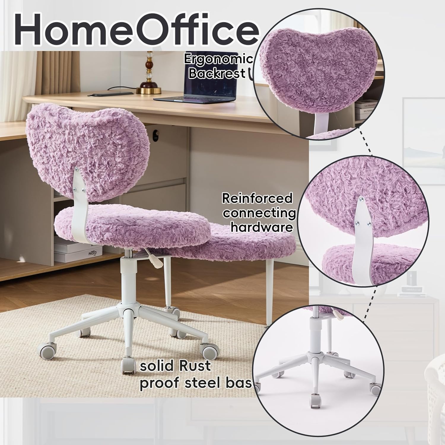 Meditation Chair with Wheels, Ergonomic Criss Cross Chair, Adjustable ADHD Floor Sitting Chair, Swivel Cross Legged Office Chair with High Back, Kneeling Posture Chair, Plush Faux Fur Fabric（Violet）