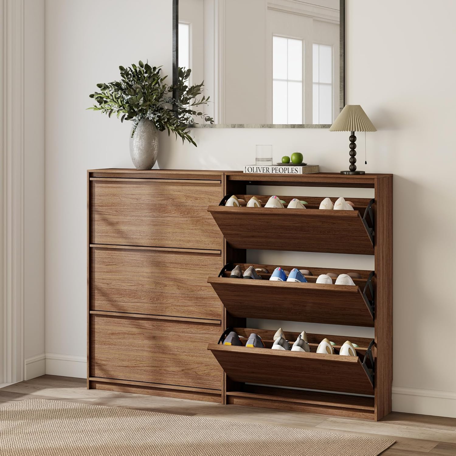 Shoe Cabinet with 3 Flip Drawers, 31.5" W Narrow Shoe Storage Cabinet for Entryway, Slim Shoe Organizer with Adjustable Shelves, Freestanding Shoe Rack for Hallway, Living Room, Walnut