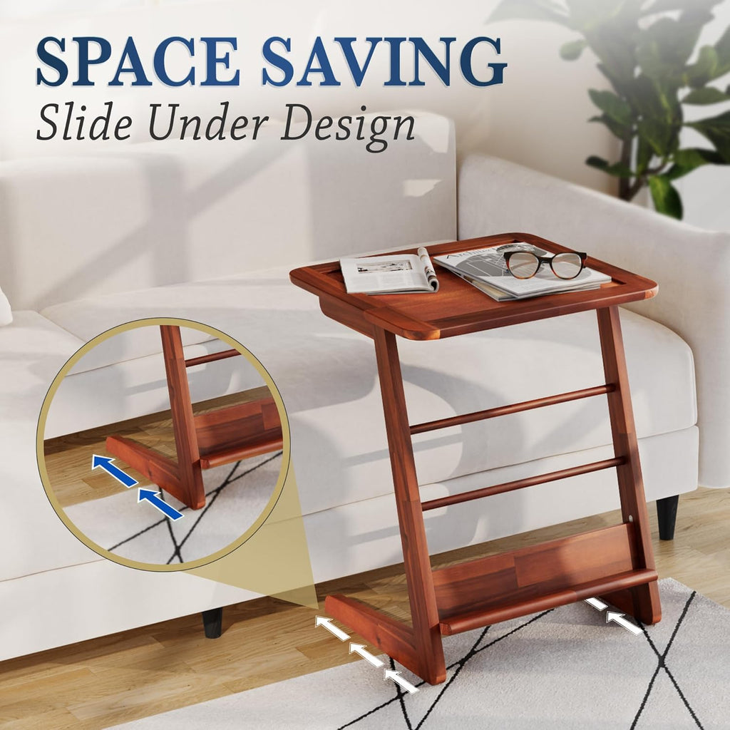 C-Shaped End Table for Couch, Acacia Wood Sofa Side Table & Nightstand with Mid-Century Modern Z Frame, L-Shaped Storage Shelf, Tool-Free Assembly for Bedroom, Living Room or Office - Dark Chocolate