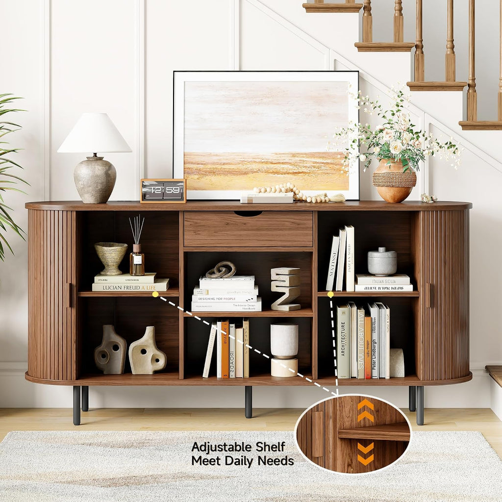ONBRILL 63'' Fluted Sideboard Buffet Cabinet with Storage, Large Credenza Storage Cabinet with Drawers, Mid Century Modern Buffet Table Accent Console Cabinet for Kitchen Living Room Enrtyway, Walnut
