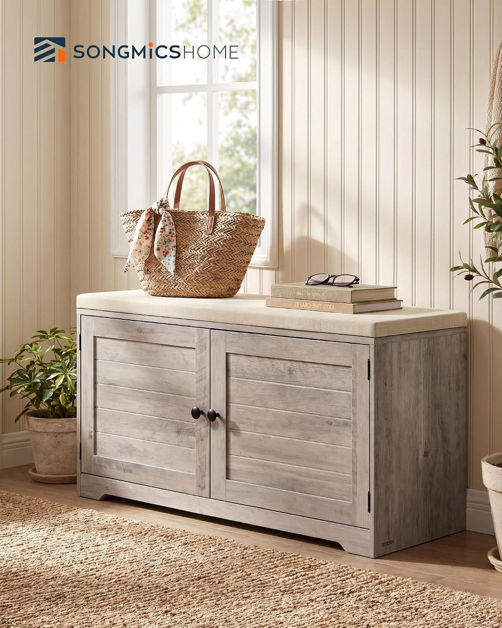 SONGMICS HOME 3-Tier Entryway Bench, Shoe Bench with Padded Seat, for Hallway, Bedroom, 14.2 x 40 x 20.9 Inches, Light Brown and Beige