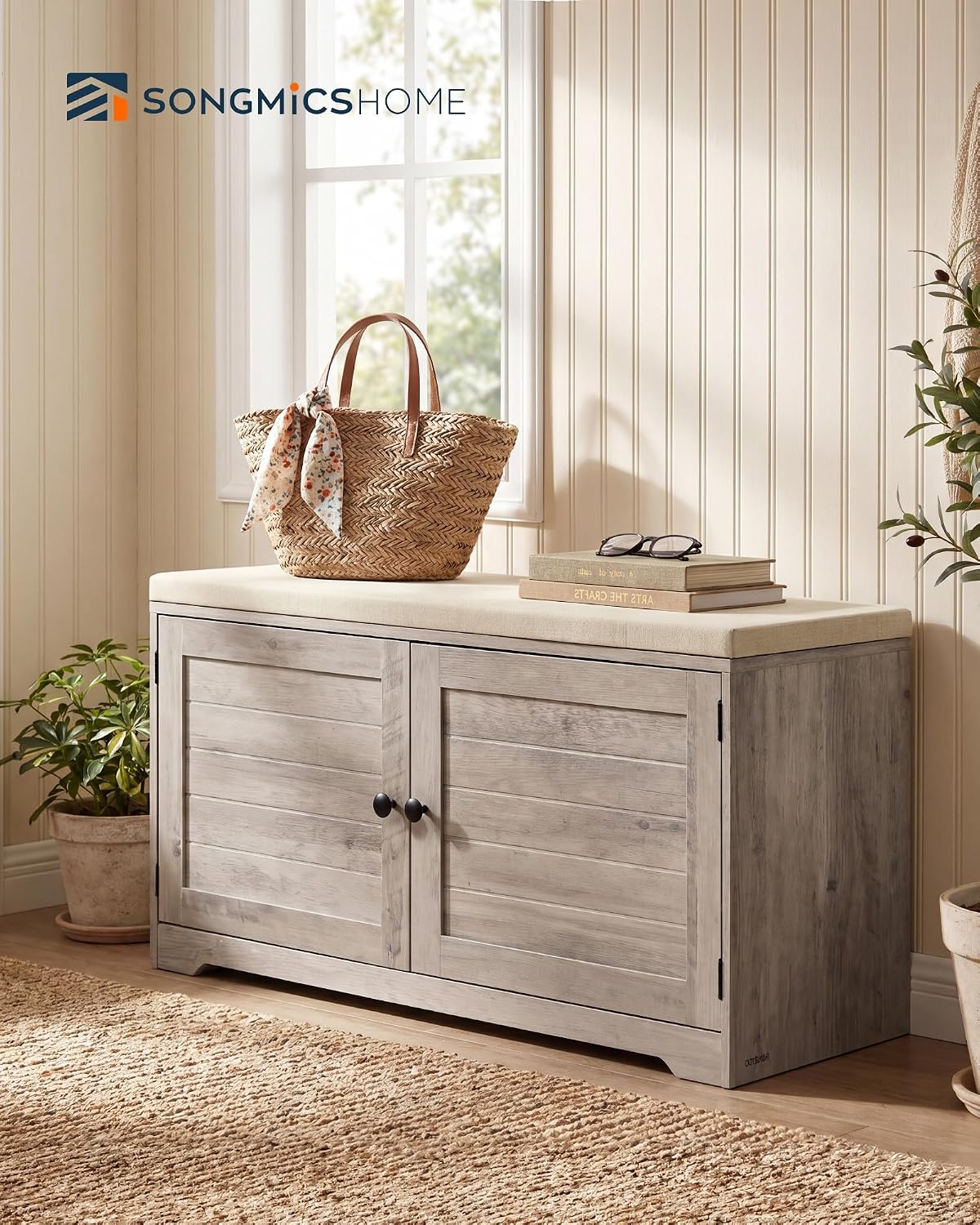 SONGMICS HOME 3-Tier Entryway Bench, Shoe Bench with Padded Seat, for Hallway, Bedroom, 14.2 x 40 x 20.9 Inches, Light Brown and Beige