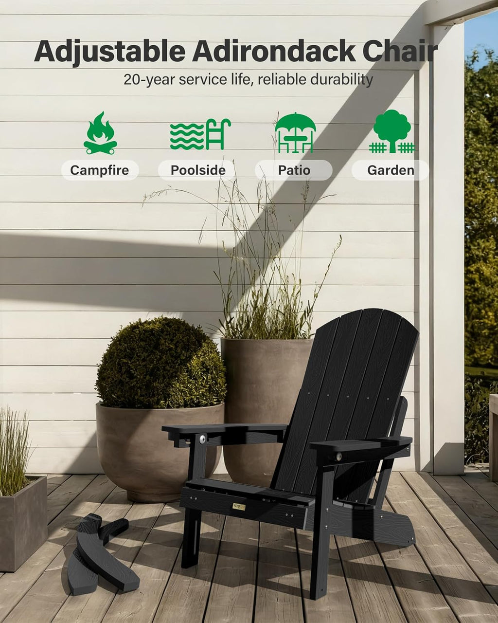 YEFU Outdoor Rocking Chairs Set of 2, Adirondack Chair with Retractable Ottoman, Adjustable Adirondack Rocking Chair,Rockings Chairs Outside,Weather Resistant,for Patio,Porch,Lawn,Heavy Duty,Black