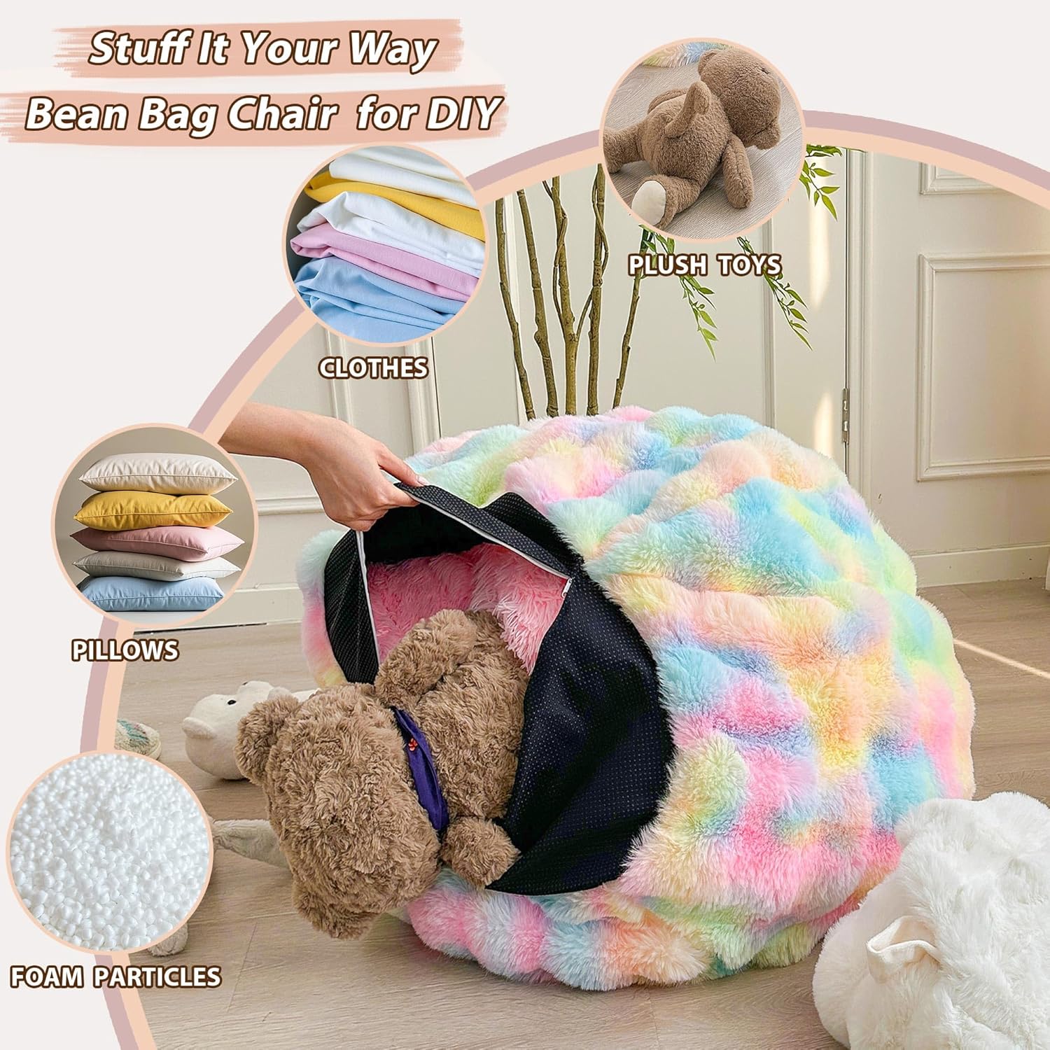 LIFEREVO Kids Fluffy Faux Rabbit Fur Bean Bag Cover (No Filler), Soft Fuzzy Stuffed Animal Storage Bubble Waffle Bean Bag for Plush Toys, Comfy Shaggy Furry Beanbag Cover Kids Girls Adults, Rainbow