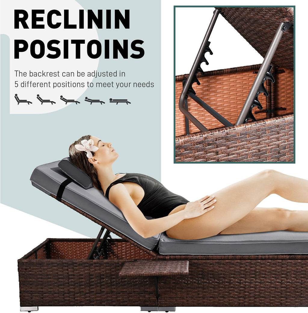 Rophefx Outdoor PE Wicker Patio Lounge Chairs Set of 2, Outside Rattan Pool Lounge Chair with Cup Holder & Adjustable Backrest, Brown Rattan Recliners for Poolside Deck Beach Yard (Grey Cushions)