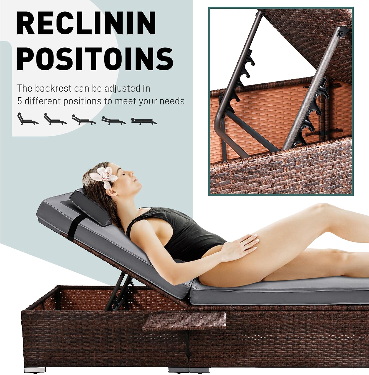 Rophefx Outdoor PE Wicker Patio Lounge Chairs Set of 2, Outside Rattan Pool Lounge Chair with Cup Holder & Adjustable Backrest, Brown Rattan Recliners for Poolside Deck Beach Yard (Grey Cushions)