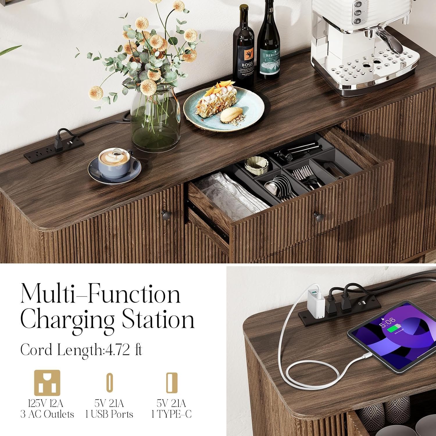 59" Buffet Cabinet with Drawers, Large Fluted Sideboard Buffet Storage Cabinet with Charging Station, Shelves and Doors, Modern Accent Coffee Bar Console Table for Kitchen, Entryway and Living Room