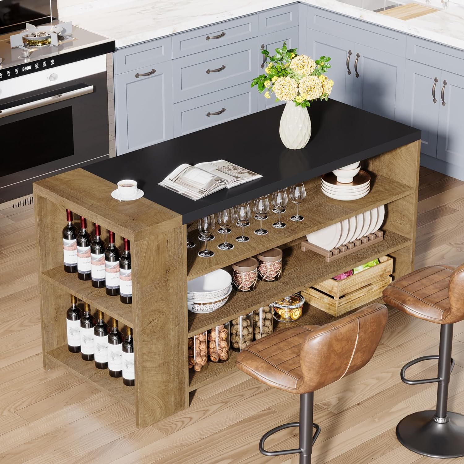 Tribesigns 55" Kitchen Island with Storage, Farmhouse 5-Tier Stationary Island Table with 5 Shelves, Wood Coffee Bar Table Storage Cabinet with Large Countertop for Kitchen, Vintage Brown