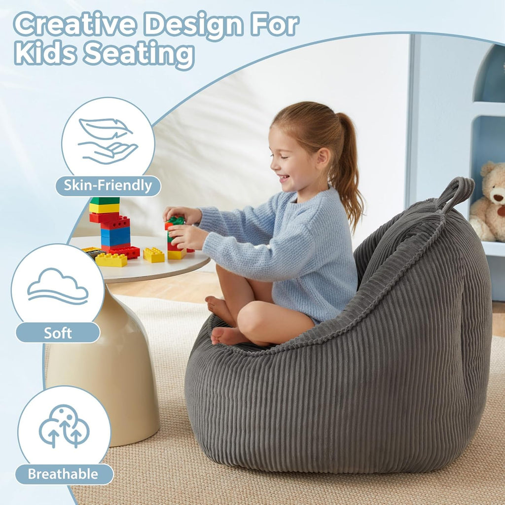 HUGHEAVEN Bean Bag Chair for Kids, Small Kids Bean Bag Chair, Cozy Reading Chair & Stuffed Floor Sofa, Soft Bean Bag Seat for Boys and Girls, Floor Chair for Gaming, Reading, Lounging & TV, Grey