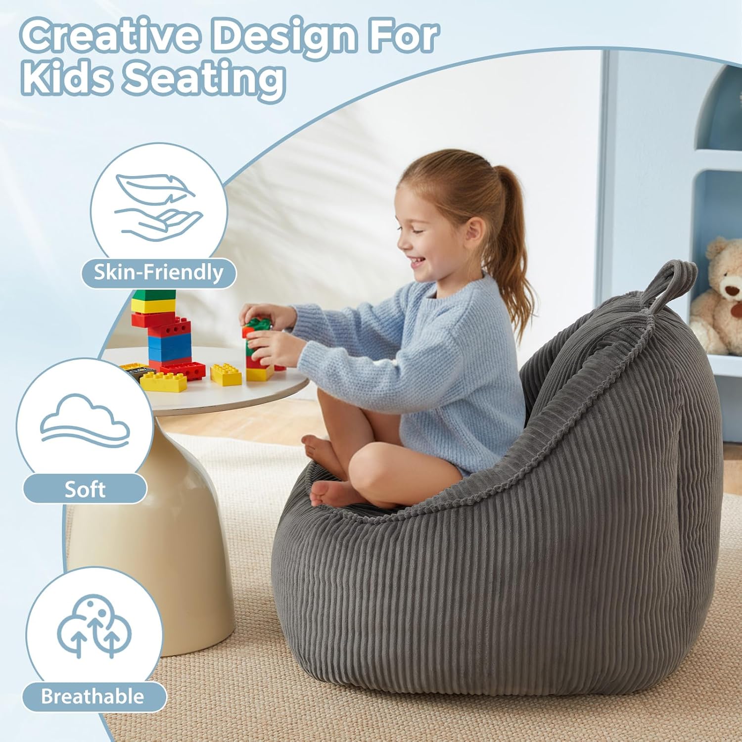 HUGHEAVEN Bean Bag Chair for Kids, Small Kids Bean Bag Chair, Cozy Reading Chair & Stuffed Floor Sofa, Soft Bean Bag Seat for Boys and Girls, Floor Chair for Gaming, Reading, Lounging & TV, Grey