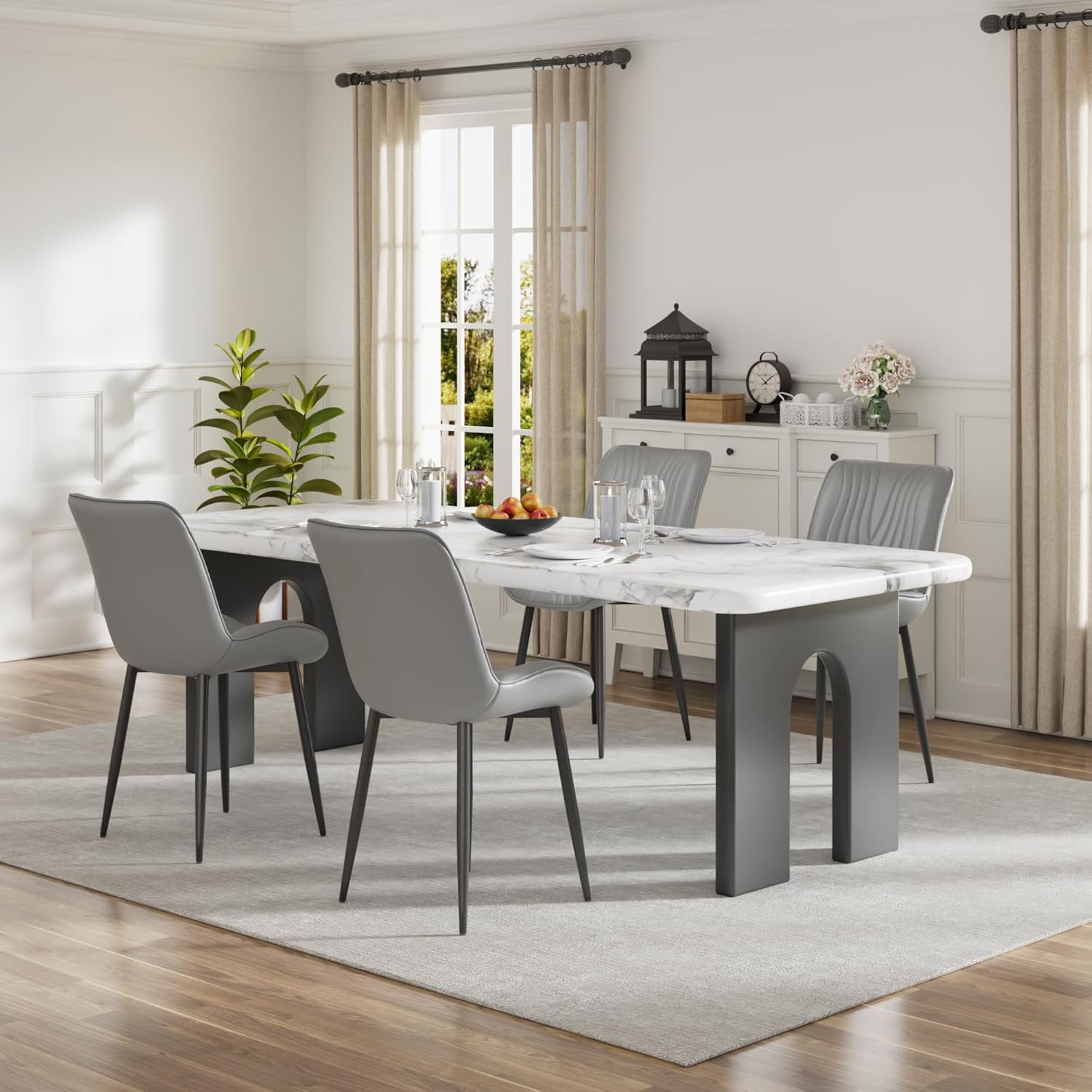 VECELO Dining Chairs Set of 4, Modern Upholstered Faux Leather Cushion Seat and Metal Legs for Kitchen, Living Room, Grey