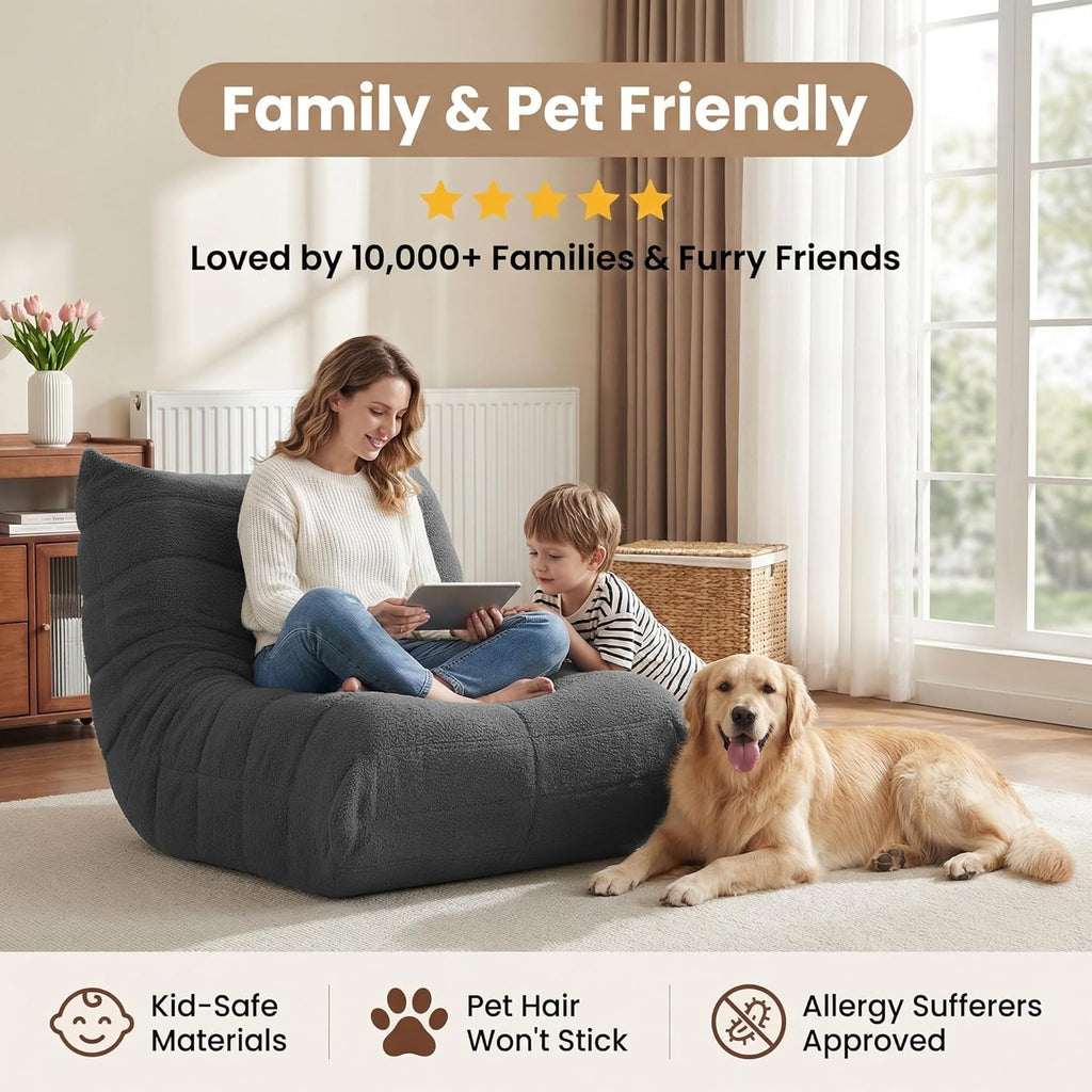 Gazecaia Comfy Bean Bag Chair for Adults Teens | Fireside Floor Lounge Chair,Soft Teddy High-Resilience Memory Foam Bean Bag Couch with Non-Slip Base,for Living Room Bedroom Apartment Office,Dark Gray