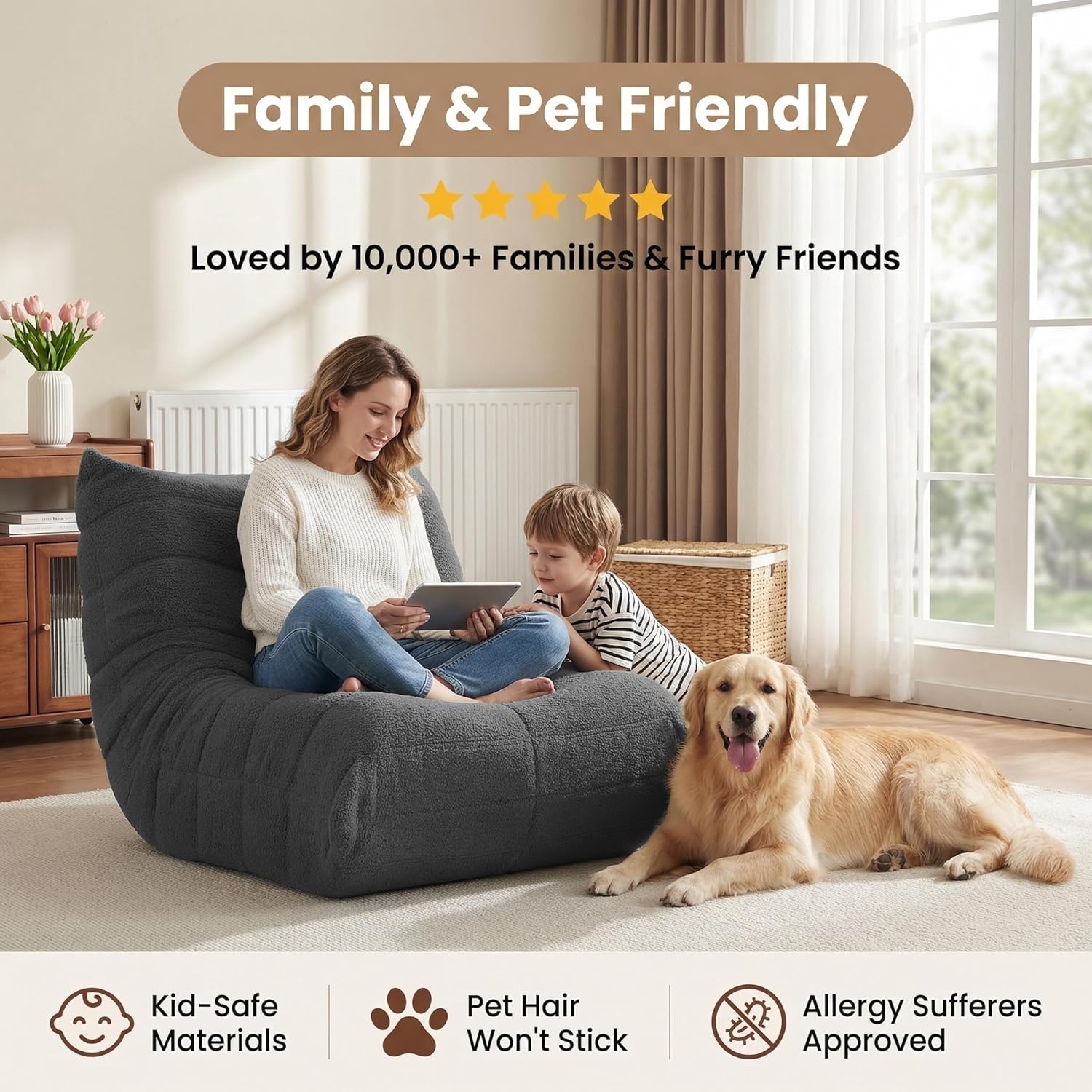 Gazecaia Comfy Bean Bag Chair for Adults Teens | Fireside Floor Lounge Chair,Soft Teddy High-Resilience Memory Foam Bean Bag Couch with Non-Slip Base,for Living Room Bedroom Apartment Office,Dark Gray