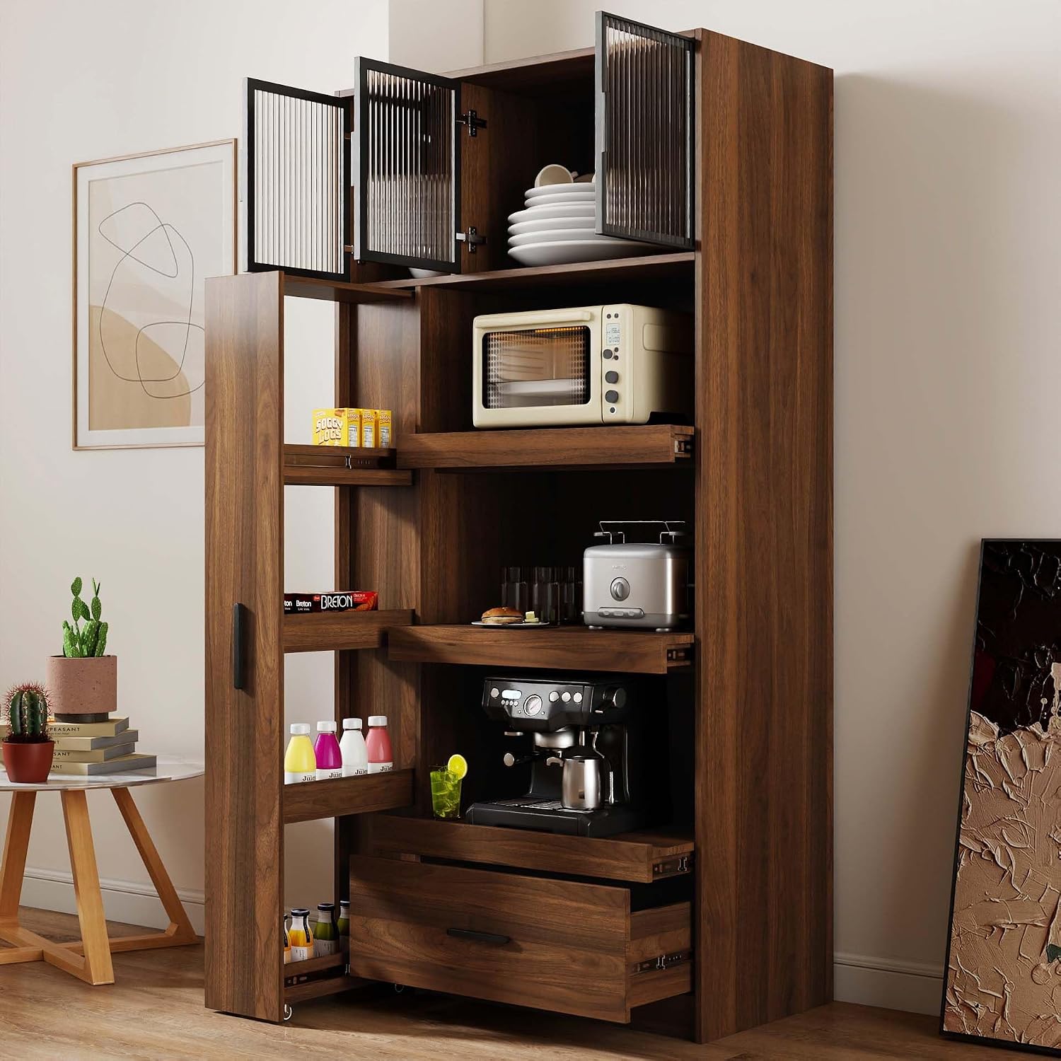 Pantry Cabinet with Doors, 71” Tall Kitchen Pantry Cabinet with Drawers & Microwave Shelf, Kitchen Hutch with Pull-Out Storage Shelves for Dining Room