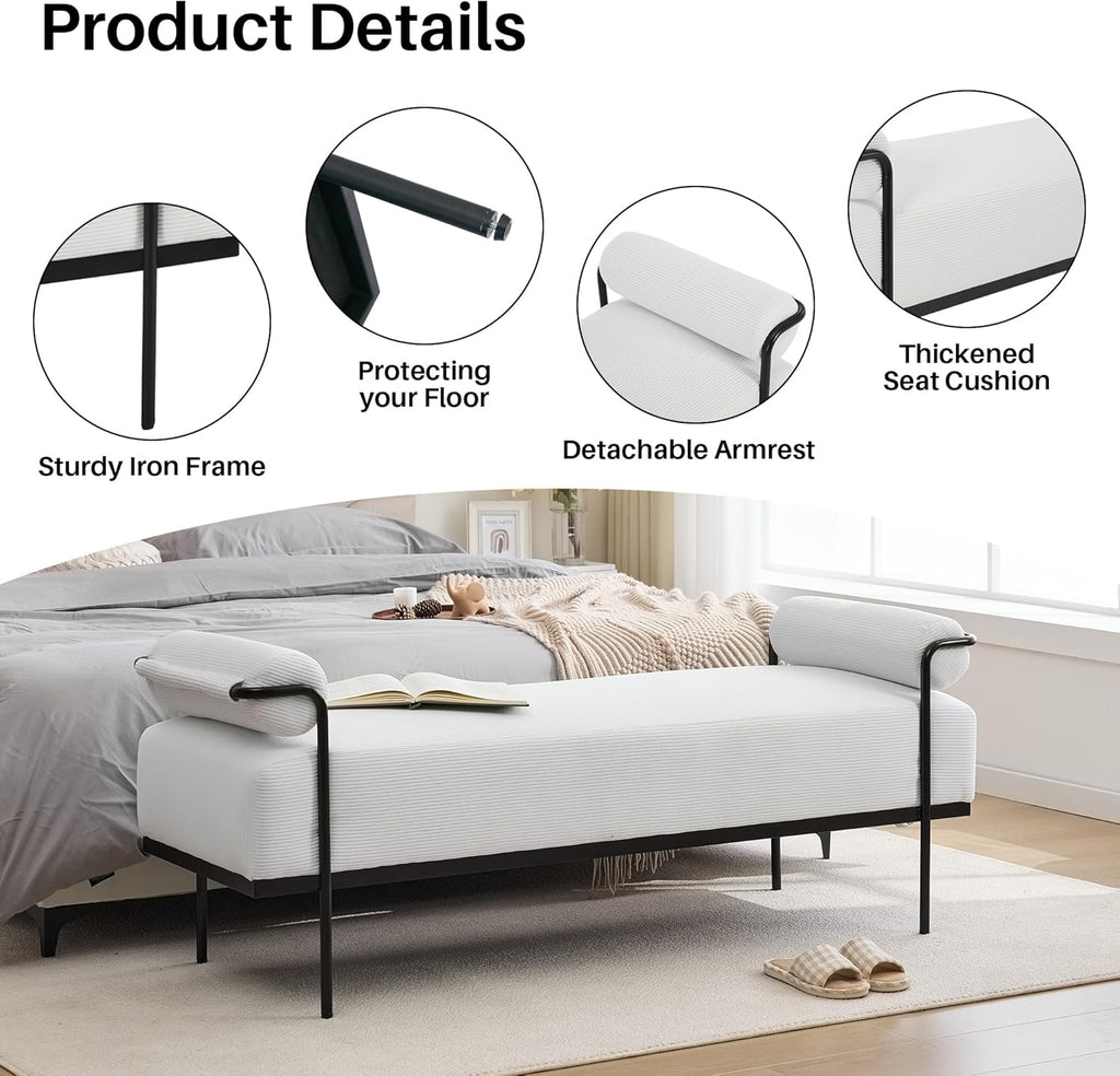 SOFTHION Entryway Bench End of Bed Bench 61.2",Modern Upholstered Bench Ottoman,Corduroy Paded Footrest Stool with Metal Legs for Living Room, Foyer Mudroom Hallway,White