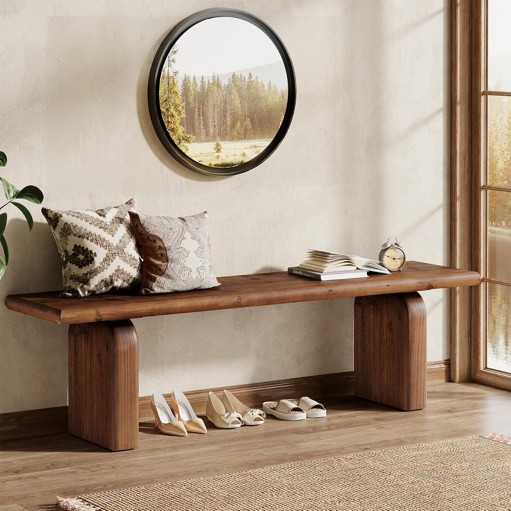 62.99-Inch Solid Wood Entryway Bench, Farmhouse Indoor Wooden End of Bed Bench for Entryway, Hallway, Bedroom, Dining Room, Living Room, Easy Assembly, Rustic Brown
