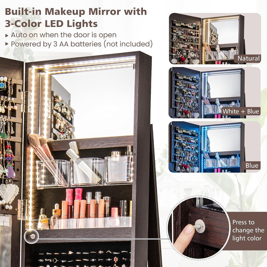 CHARMAID 360° Swivel Jewelry Armoire with Full Length Mirror, Rear Storage Shelves, Lockable Standing Jewelry Cabinet Organizer with Interior Vanity Mirror and 3-Color Lights (Espresso)