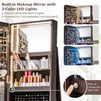 CHARMAID 360° Swivel Jewelry Armoire with Full Length Mirror, Rear Storage Shelves, Lockable Standing Jewelry Cabinet Organizer with Interior Vanity Mirror and 3-Color Lights (Espresso)