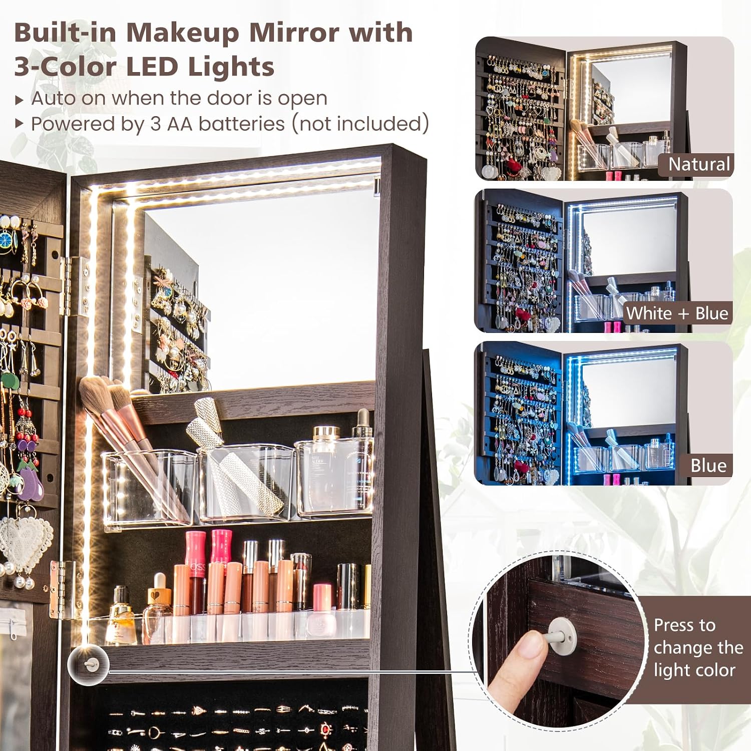 CHARMAID 360° Swivel Jewelry Armoire with Full Length Mirror, Rear Storage Shelves, Lockable Standing Jewelry Cabinet Organizer with Interior Vanity Mirror and 3-Color Lights (Espresso)