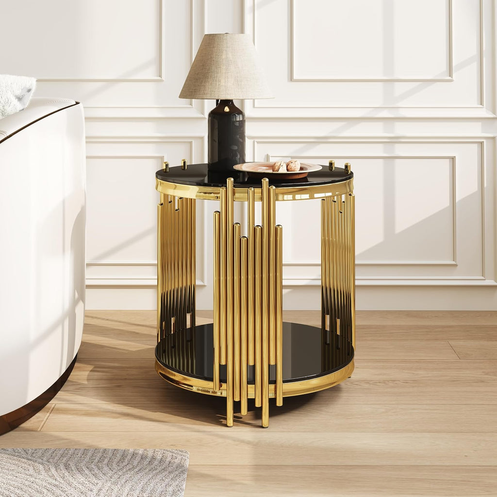 Round Glass End Table with 2-Tier Tempered Glass Top, Stainless Steel Legs Side Table, Modern Accent Table for Living Room Bedroom Home Office