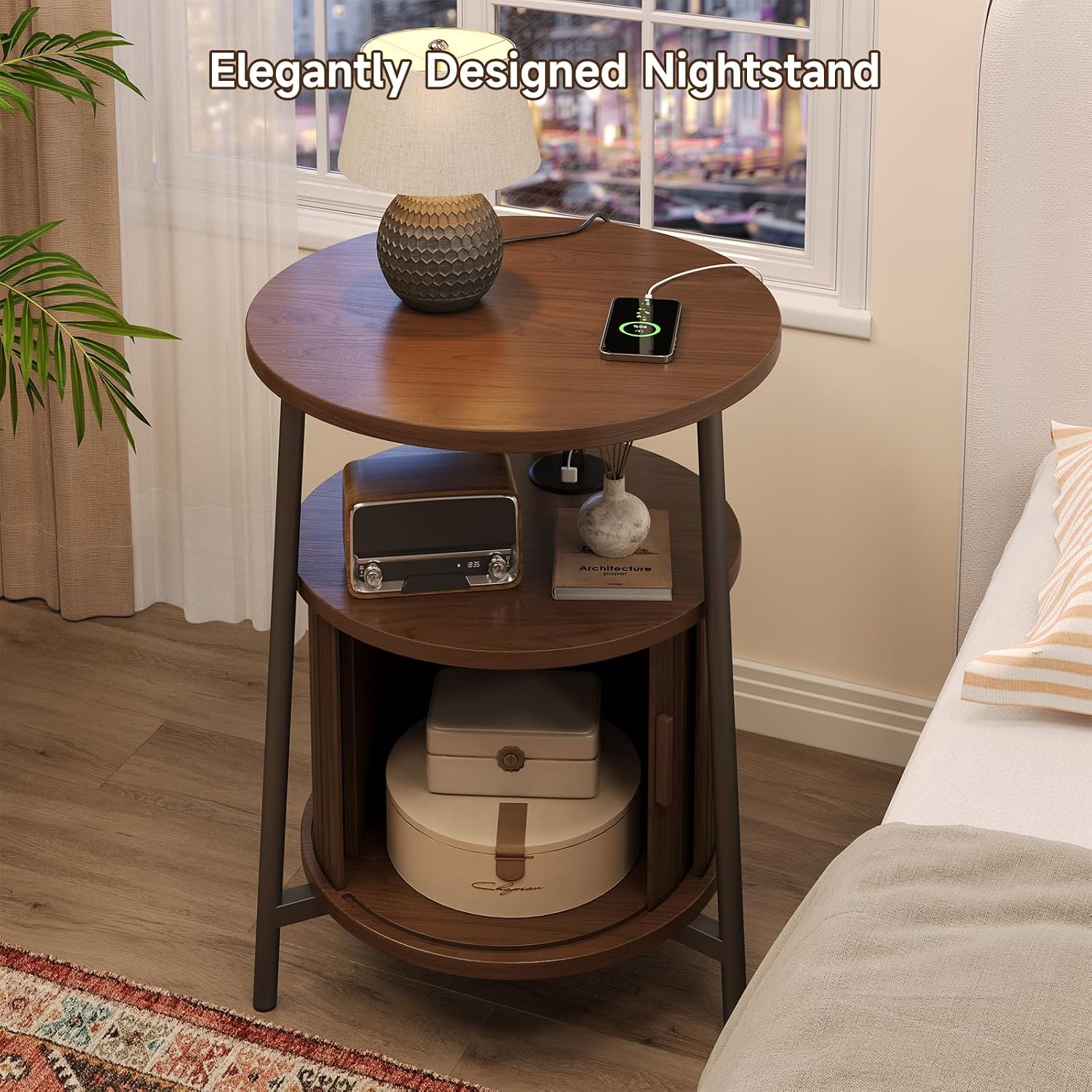 Round Side Table with Storage, Nightstand with Charging Station, Mid Century Modern Fluted Bedside Table with Sliding Door, Small Wood End Table for Living Room Small Space Bedroom, Walnut