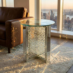 Nysa Modern 21" Round Mirrored End Table with Faux Crystal Inlay, Glam X-Shape Pedestal Side Table, Tempered Glass Top Nightstand for Bedroom, Fully Assembled Accent Table for Living Room