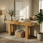 FURSUN 63" Farmhouse Console Table with Drawers, Narrow Sofa Table Behind Couch, Slim Entryway Table with Storage for Hallway, Living Room, Natural Oak