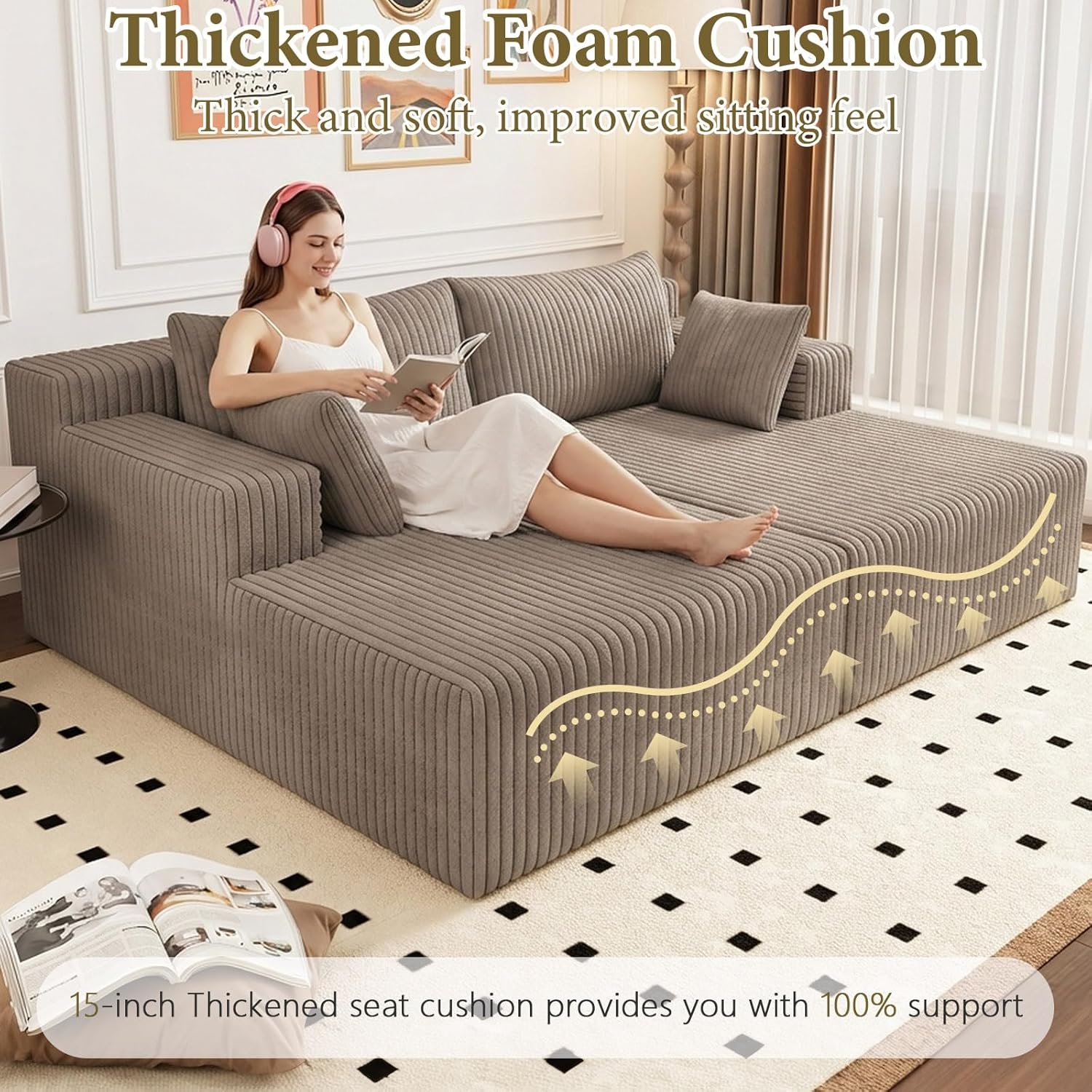71" Oversized Double Chaise Lounges Indoor, Upholstered Corduroy Oversized Chaise Lounge Chair, Modern Sleeper Loveseat Chair Boneless Cloud Couch for Living Room Bedroom Reading (Camel)