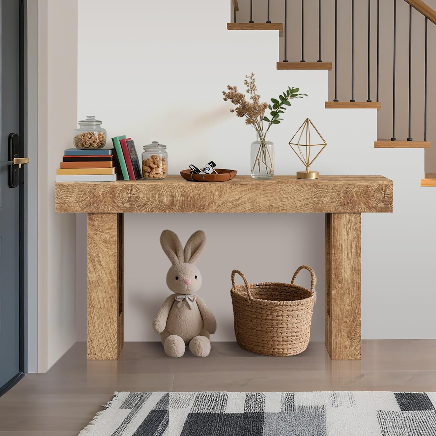 GarveeHome Farmhouse Console Table - 61 in Minimalist Vintage Entryway Table, Storage Rustic Sofa Table with Open Shelves for Hallway, Living Room, Foyer, Bedroom - Knife Cut Wood Grain