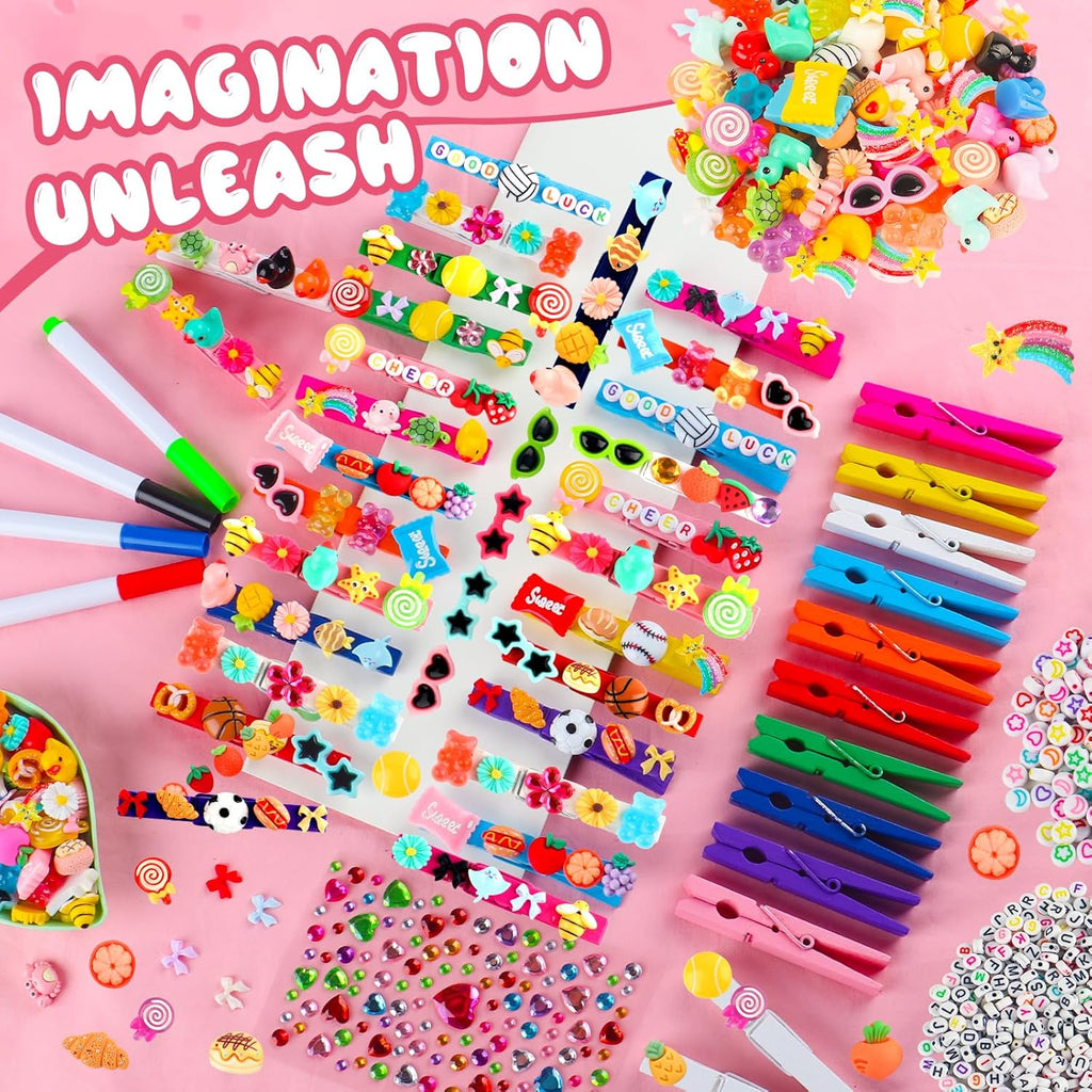 Cheer Pins Spirit Clips,80 Wooden Colored Clothes Pins with 120 Mini Resin Charms Bows Sticker,400 Letter Beads,200 Self-Adhesive Dots,Cheer Pin kit for Ribbon Team Classroom Cheerleading Gifts Bulk