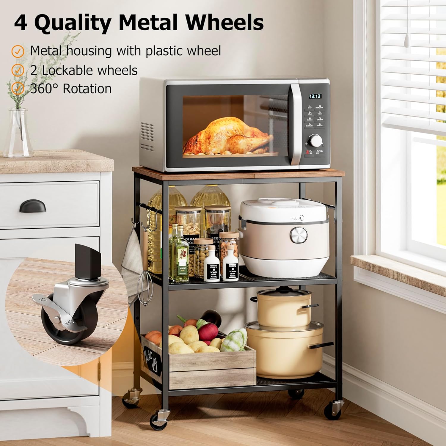 Homleke 3-Tier Rolling Kitchen Microwave Cart, Kitchen Utility Cart on Lockable Wheels, Coffee Bar Table Station with 6 S-Shaped Hooks, Small Appliance Storage Shelf, Rustic Brown and Black