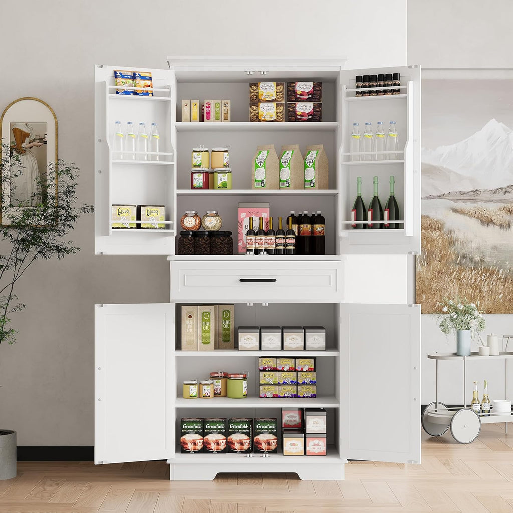 71.7 Inch Kitchen Pantry Cabinet,Freestanding High Cupboard Bathroom Storage Cabinet with 2 Drawer & Cabinets, 3 Adjustable Shelves, 6 Door Shelves,for Living Room, Kitchen White