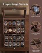 SONGMICS Watch Box, 20-Slot Watch Case Organizer with Large Glass Lid, Removable Pillows, Metal Lock, Fathers Day Gift for Dad, Coffee Brown Synthetic Leather, Coffee Brown Lining UJWB020KZ02S