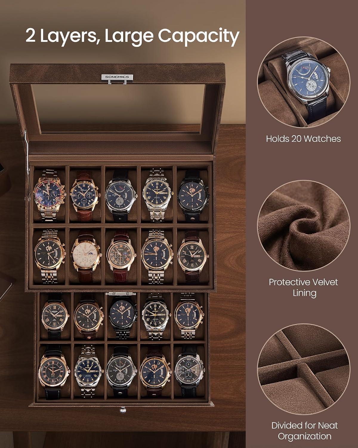 SONGMICS Watch Box, 20-Slot Watch Case Organizer with Large Glass Lid, Removable Pillows, Metal Lock, Fathers Day Gift for Dad, Coffee Brown Synthetic Leather, Coffee Brown Lining UJWB020KZ02S