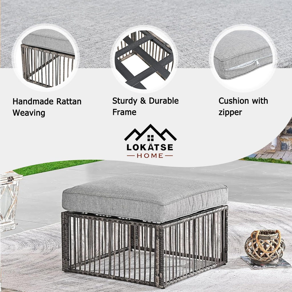 LOKATSE Home Patio Footstool Outdoor Ottoman with Soft Thick Cushion for Garden Yard Deck Poolside, Gray
