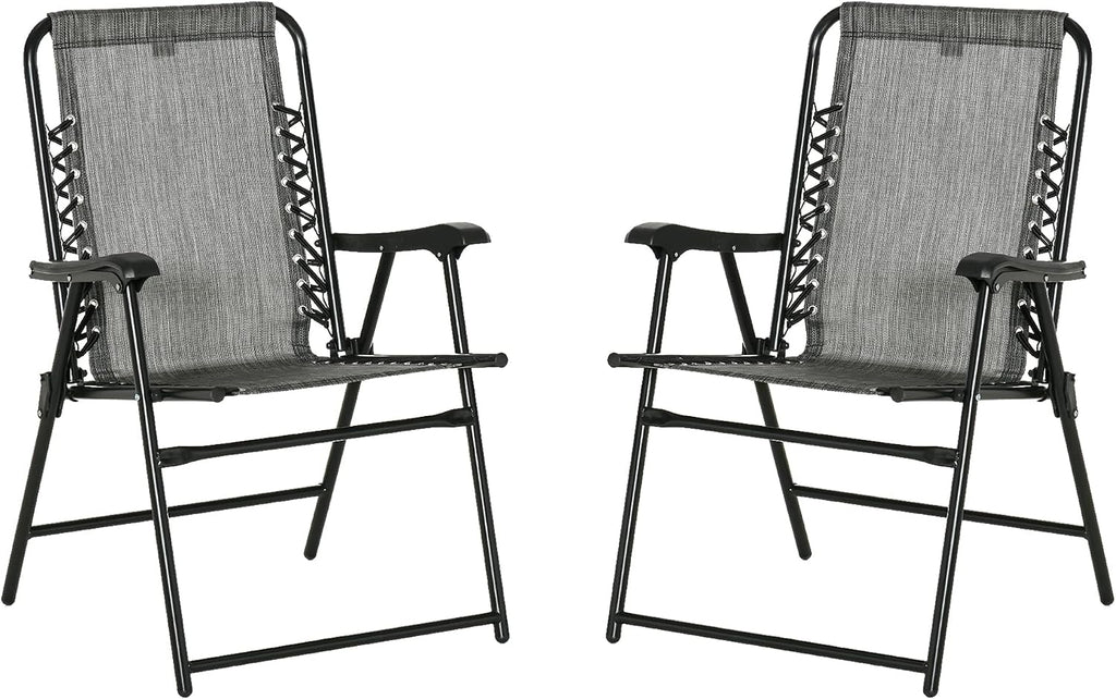 Set of 2 Patio Folding Chairs, Outdoor Bungee Sling Chairs w, Armrests, Portable Lawn Chairs for Camping, Garden, Pool, Beach, Backyard, Gray