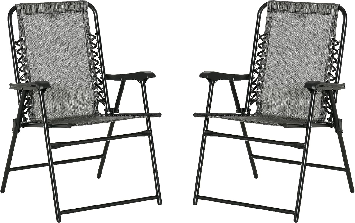 Set of 2 Patio Folding Chairs, Outdoor Bungee Sling Chairs w, Armrests, Portable Lawn Chairs for Camping, Garden, Pool, Beach, Backyard, Gray