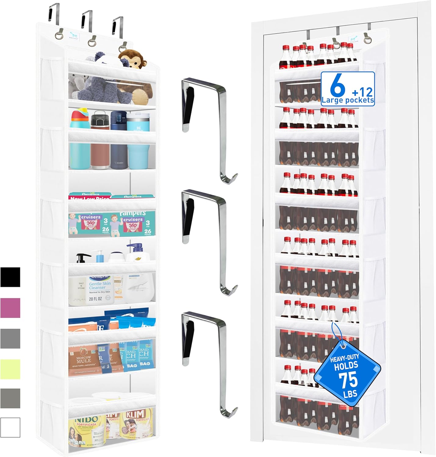 over the door organizer, Solid Bamboo Board (Not Plastic!) 6-Tier Heavy Duty 75LB, 12 Side Pockets, 3 Reinforced Hooks & Anti-Slip Pads, Waterproof & Washable, No Sagging, No Door Damage,White