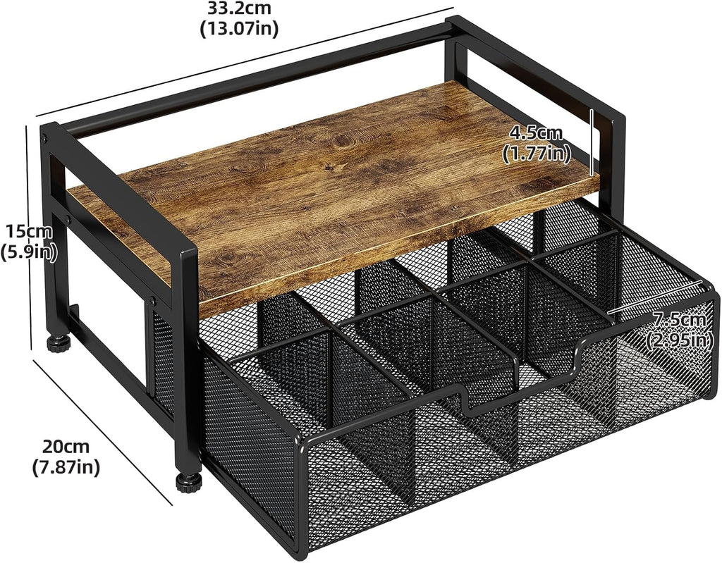 Tea Bag Organizer with 8-Compartment Mesh Drawer, Rustic Brown | Wood & Metal Holder, Spacious Storage Capacity, Smoothly Sliding Drawers, Divided Compartment Storage, Multi-Scene Use