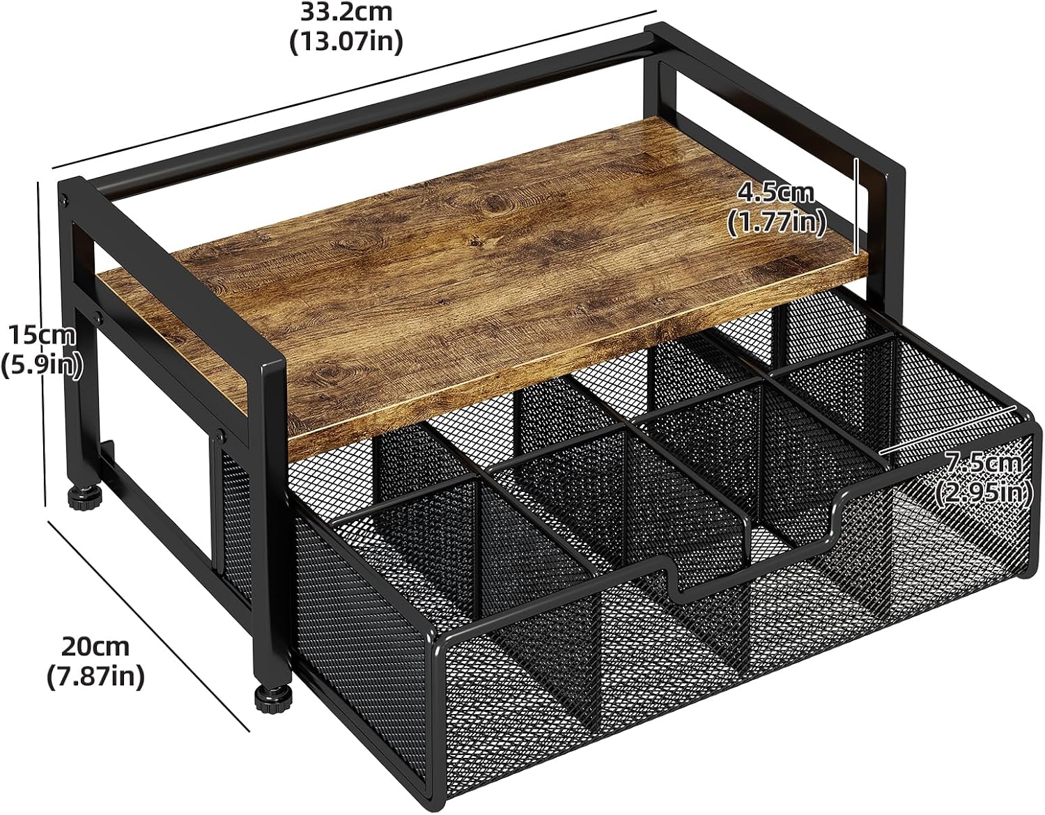 Tea Bag Organizer with 8-Compartment Mesh Drawer, Rustic Brown | Wood & Metal Holder, Spacious Storage Capacity, Smoothly Sliding Drawers, Divided Compartment Storage, Multi-Scene Use