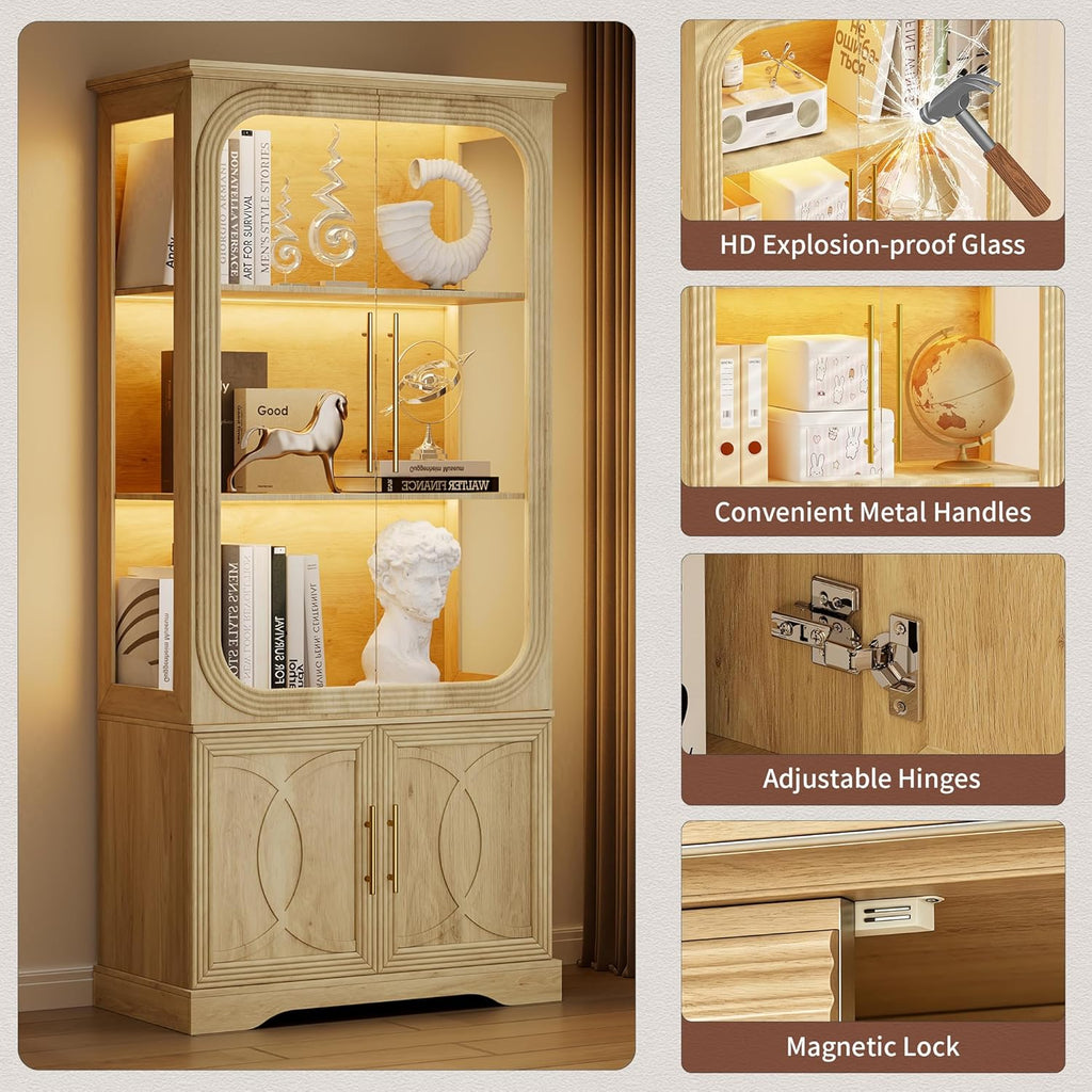 69" Tall Display Cabinet with Glass Doors, Curio Cabinet with 3 LED Lights and Human Body Sensor, Glass Display Case with Storage Cabinet for Living Room, Oak