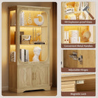 69" Tall Display Cabinet with Glass Doors, Curio Cabinet with 3 LED Lights and Human Body Sensor, Glass Display Case with Storage Cabinet for Living Room, Oak