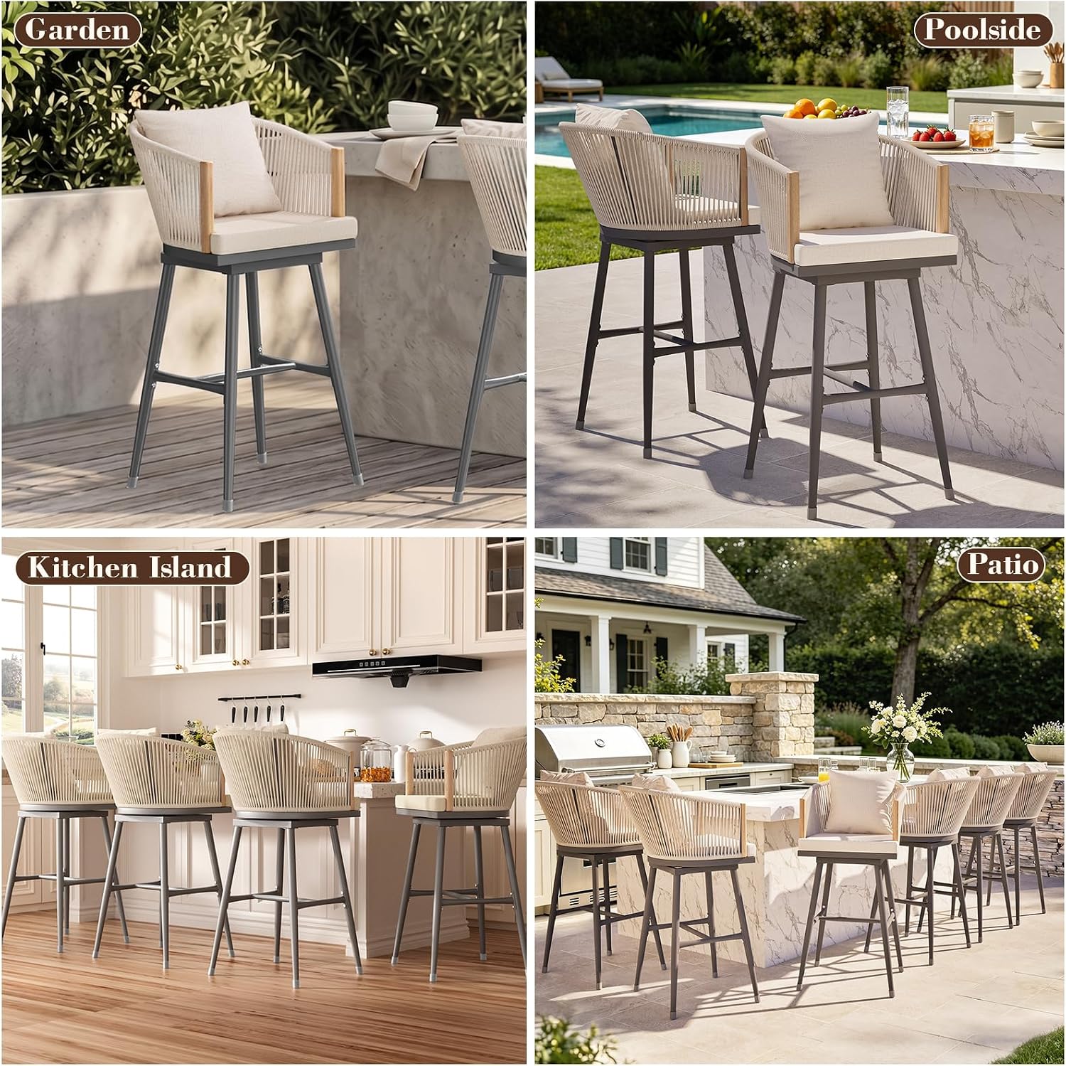 MEISSALIVVE Bar Stools Set of 2, Bar Height Bar Stools, Swivel Patio Barstools with Removable Cushion, Boho Outdoor Bar Stools with Olefin Rope Backrest for Kitchen, Garden, Balcony, Beige