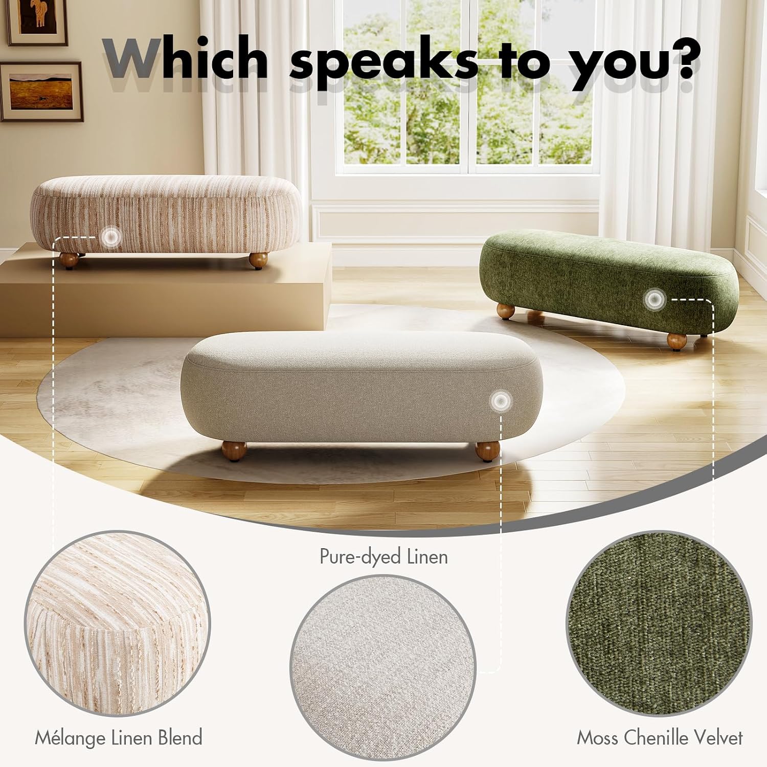 Hyfirm 54" End of Bed Bench, Upholstered Bedroom Ottoman Bench with Solid Wood Round Legs, Modern Oval Bench for Queen & King Beds, Entryway, Living Room, Hallway, Beige Linen Seat