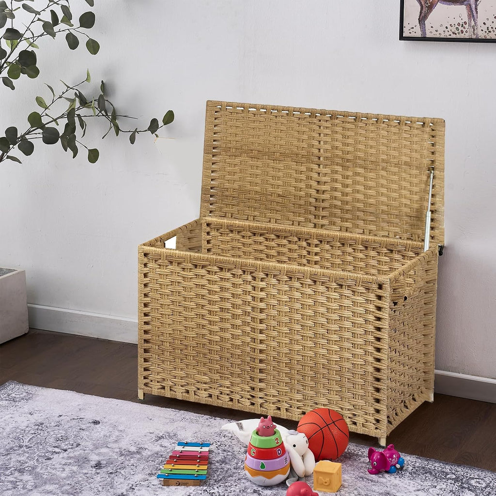 Wicker Storage Trunk, Large Storage Basket with Lid,Rural Natural | Handwoven Wicker Chest with Stay-Open Lid, 30 x 17 x 18 in, 160L（42.3 Gallon）Metal Frame, Easy to Assemble, Supports 200lb