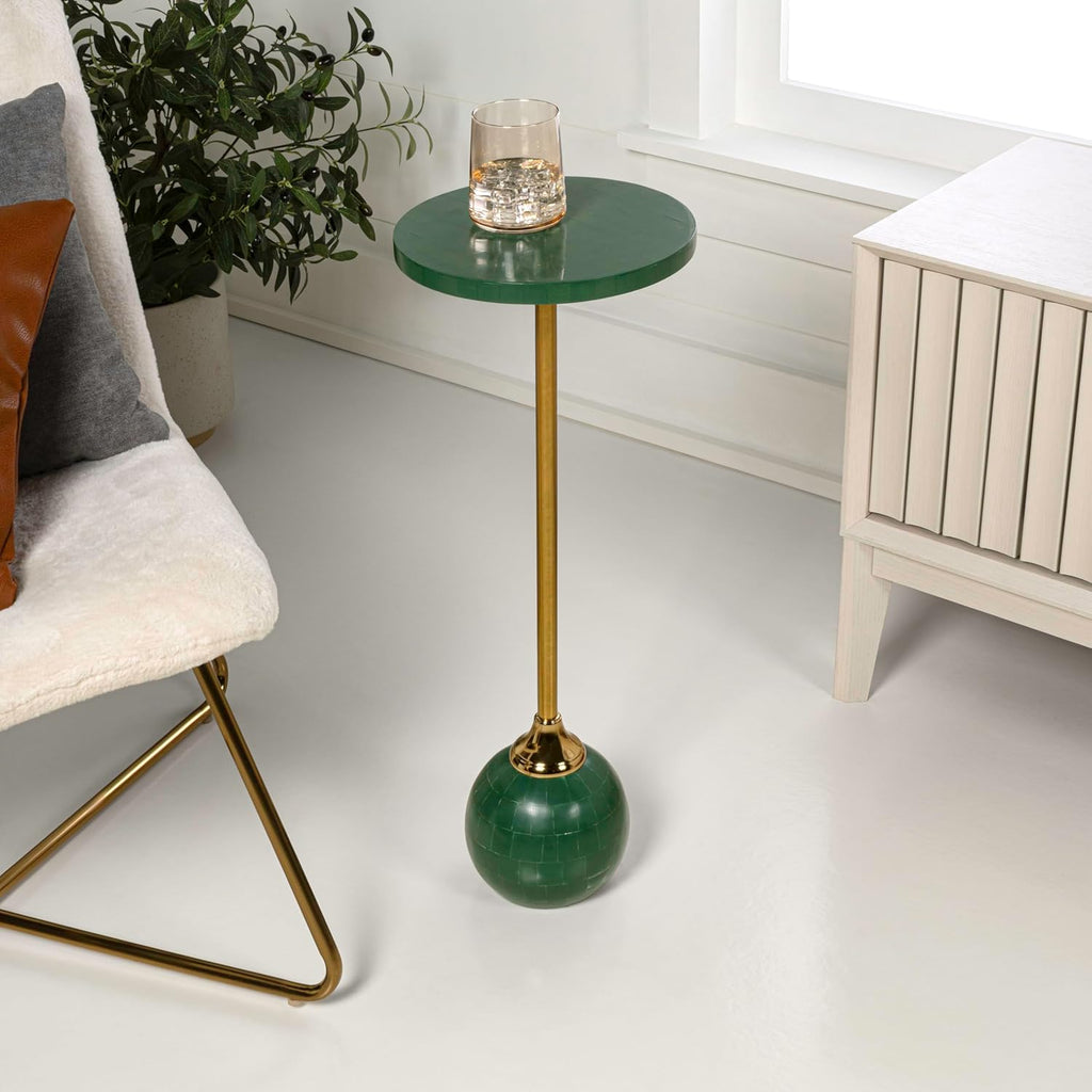 JONATHAN Y Evelyn Contemporary 26" Iron Round Drink Table, Martini Cocktail Accent for Small Spaces with Geometric Ball Base and Candlestick Leg, Green and Gold END1005C