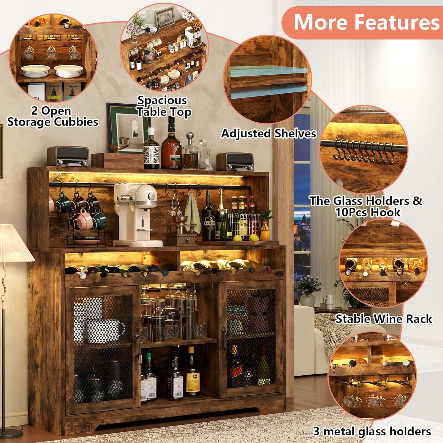 Loomie Wine Bar Cabinet with LED Light, Liquor Cabinet with Glass Holder, Coffee Bar for Liquor, Storage Buffet with Wine Racks, Wine Cabinet with Mesh Door (Rustic)
