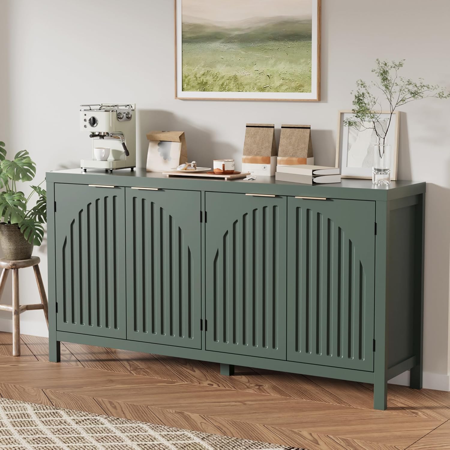 Fluted Sideboard Buffet Cabinet with Storage, 58" Mid Century Modern Accent Cabinet with Arch Doors, Large Wood Media TV Console Table Credenza for Dining Room, Kitchen, Living Room Entryway, Green
