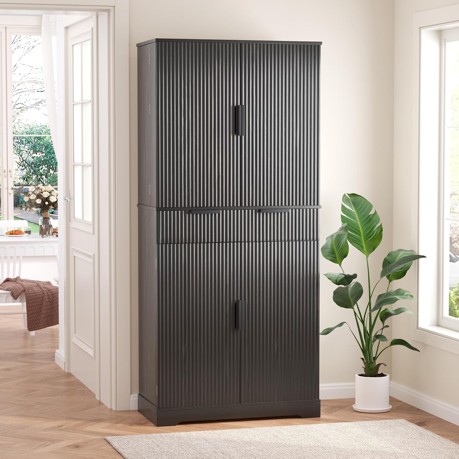Spaco 72" Fluted Kitchen Pantry Cabinet,Modern Cupboard Storage Cabinet with 3 Keyboard Drawers & 6 Adjustable Door Shelves,Freestanding Kitchen Hutch for Living Room,Dining Room. (Black)